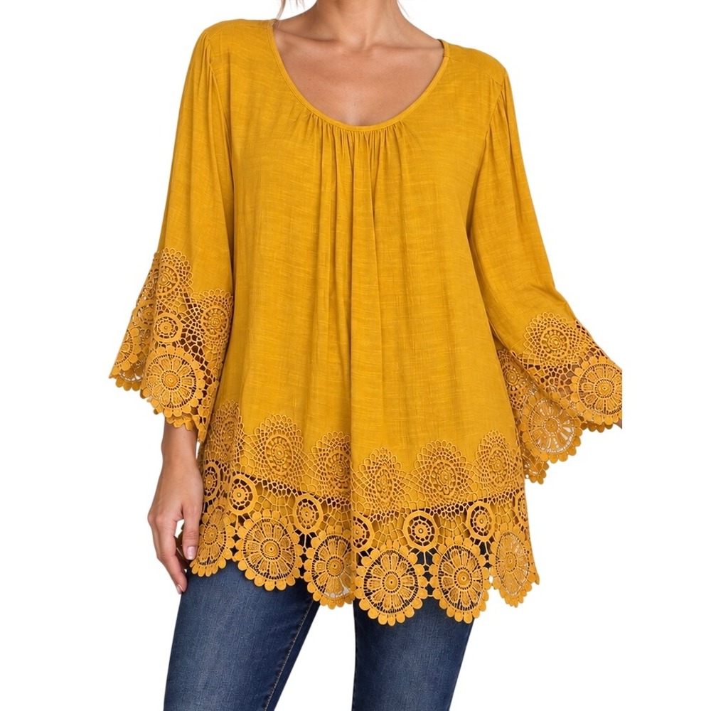 Mustard Yellow Boho Crochet Tunic Womens Size 22/24W Plus Size Boho Bell Sleeve
